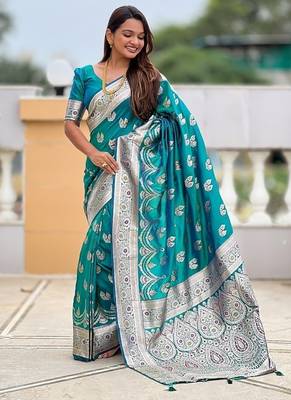 Firozi soft banarasi silk blend saree with meenakari zari weaving 3
