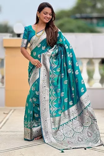 Firozi soft banarasi silk blend saree with meenakari zari weaving