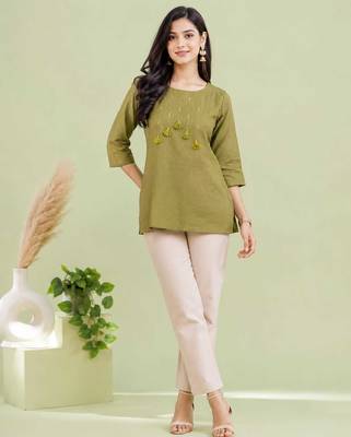 Olive green cotton short kurti for women with tassel detail 1