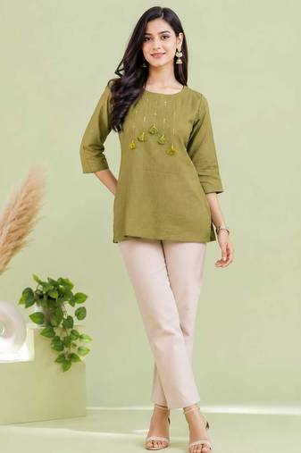 Olive green cotton short kurti for women with tassel detail