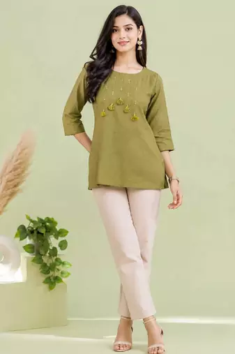 Olive green cotton short kurti for women with tassel detail
