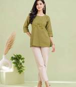 Olive green cotton short kurti for women with tassel detail