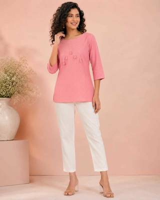 Pink cotton short kurti for women with tassel detail 1
