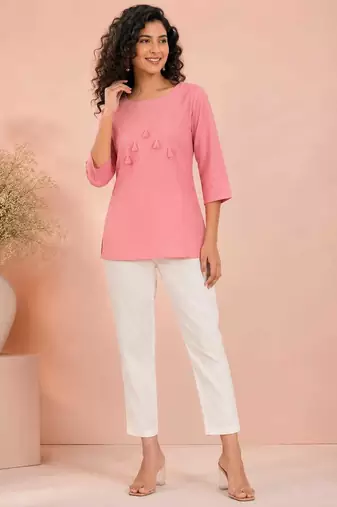 Pink cotton short kurti for women with tassel detail