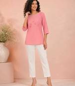 Pink cotton short kurti for women with tassel detail