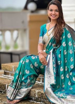 Firozi soft banarasi silk blend saree with meenakari zari weaving 4