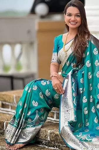 Firozi soft banarasi silk blend saree with meenakari zari weaving