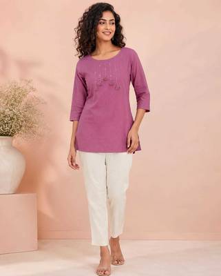 Lavender cotton short kurti for women with tassel detail 1