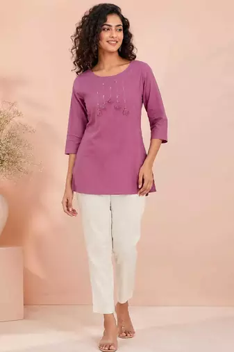 Lavender cotton short kurti for women with tassel detail