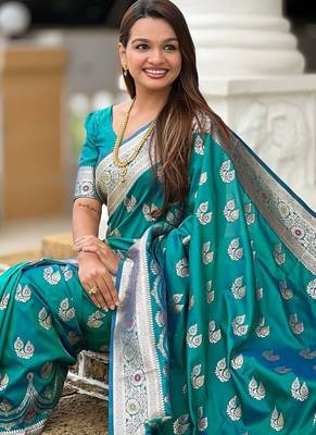 Firozi soft banarasi silk blend saree with meenakari zari weaving 5