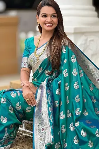 Firozi soft banarasi silk blend saree with meenakari zari weaving