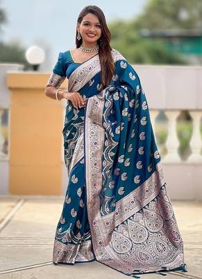 Teal soft banarasi silk blend saree with meenakari zari weaving 1