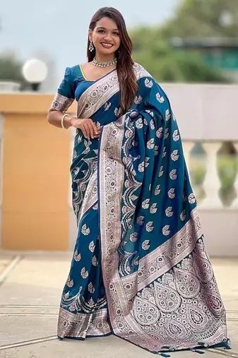 Teal soft banarasi silk blend saree with meenakari zari weaving