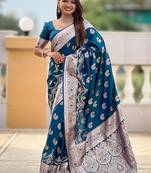 Teal soft banarasi silk blend saree with meenakari zari weaving