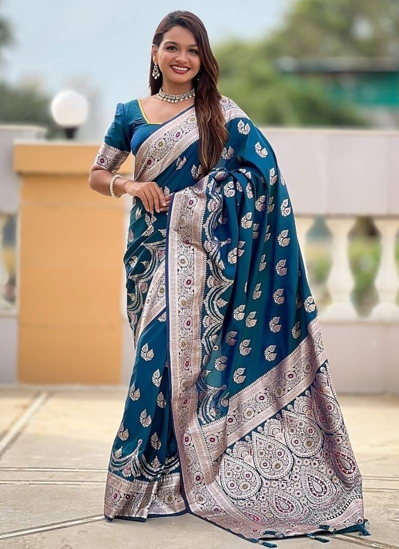 Teal soft banarasi silk blend saree with meenakari zari weaving