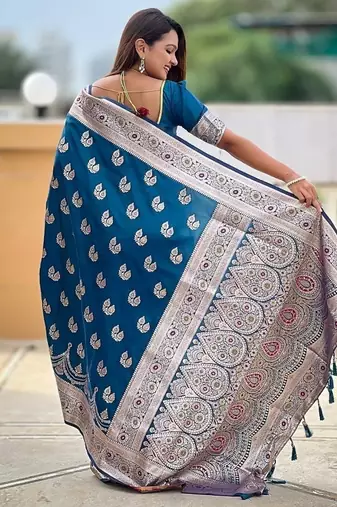Teal soft banarasi silk blend saree with meenakari zari weaving