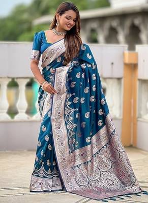 Teal soft banarasi silk blend saree with meenakari zari weaving 3