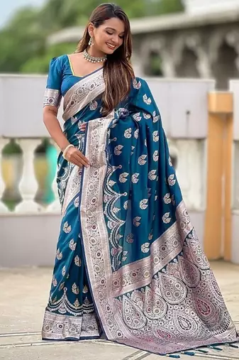 Teal soft banarasi silk blend saree with meenakari zari weaving