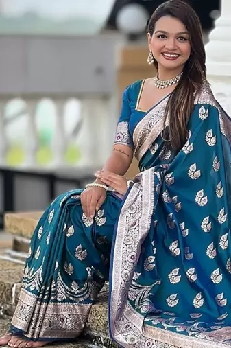 Teal soft banarasi silk blend saree with meenakari zari weaving