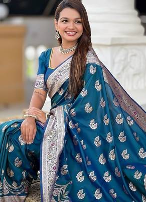 Teal soft banarasi silk blend saree with meenakari zari weaving 5