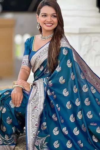 Teal soft banarasi silk blend saree with meenakari zari weaving