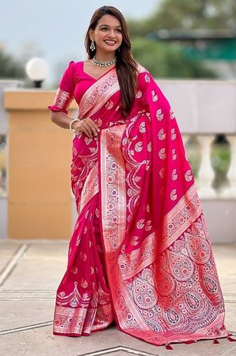 Ranipink soft banarasi silk blend saree with meenakari zari weaving