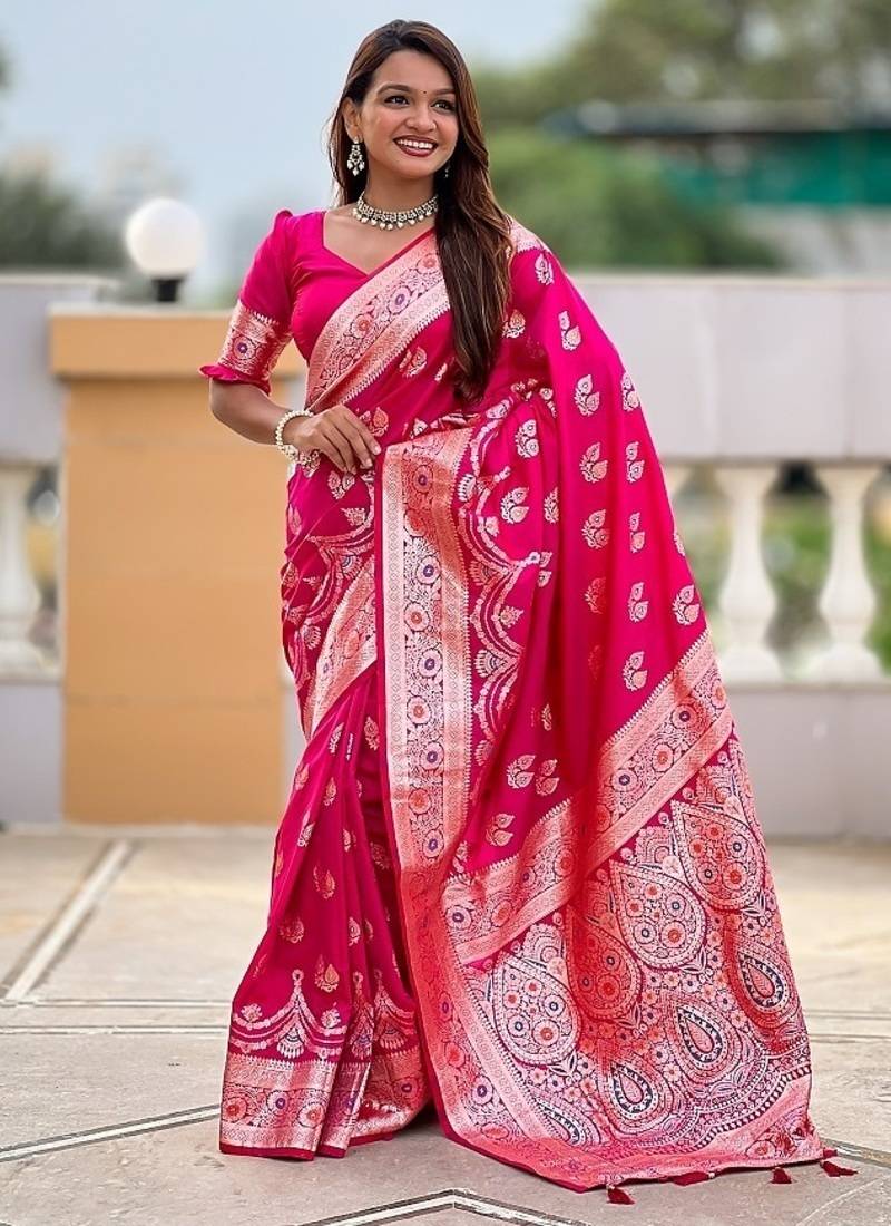 Ranipink soft banarasi silk blend saree with meenakari zari weaving