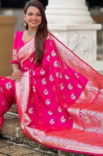 Ranipink soft banarasi silk blend saree with meenakari zari weaving