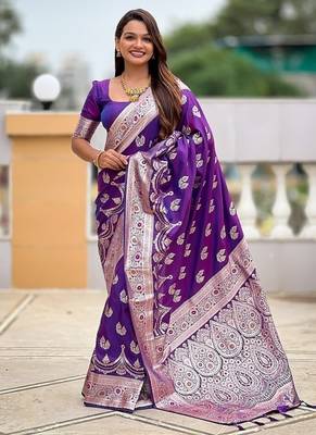 Purple soft banarasi silk blend saree with meenakari zari weaving 1