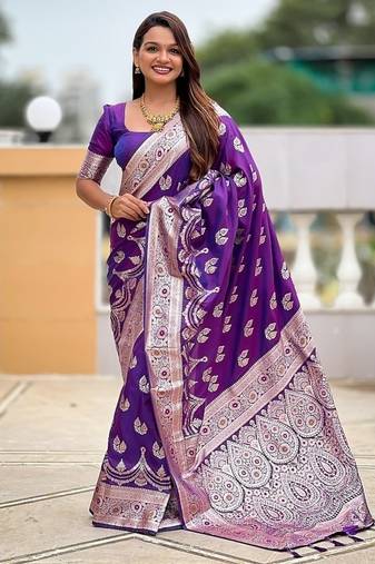 Purple soft banarasi silk blend saree with meenakari zari weaving