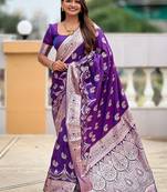 Purple soft banarasi silk blend saree with meenakari zari weaving