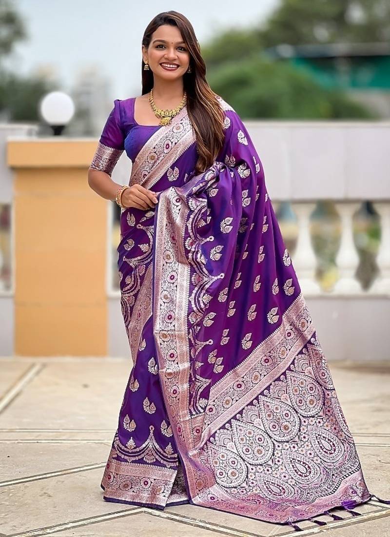 Purple soft banarasi silk blend saree with meenakari zari weaving