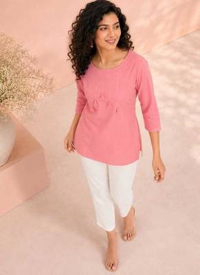 Pink cotton short kurti for women with tassel detail 2