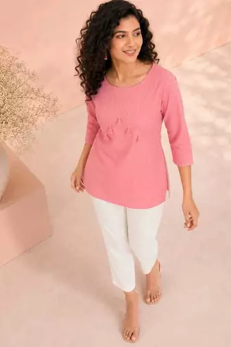 Pink cotton short kurti for women with tassel detail