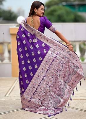 Purple soft banarasi silk blend saree with meenakari zari weaving 2