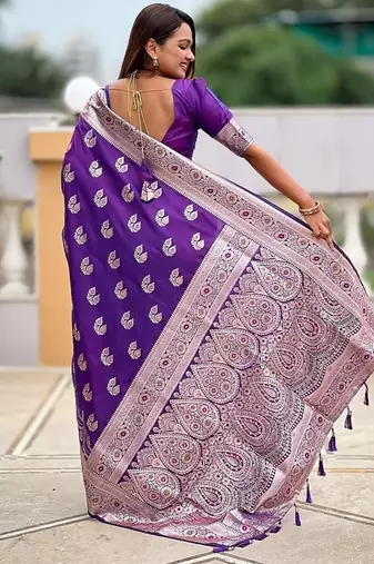 Purple soft banarasi silk blend saree with meenakari zari weaving