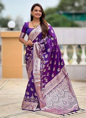 Purple soft banarasi silk blend saree with meenakari zari weaving 3