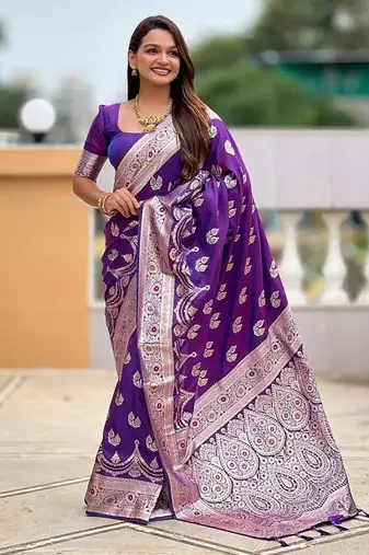Purple soft banarasi silk blend saree with meenakari zari weaving