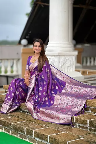 Purple soft banarasi silk blend saree with meenakari zari weaving
