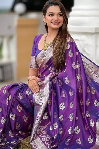 Purple soft banarasi silk blend saree with meenakari zari weaving