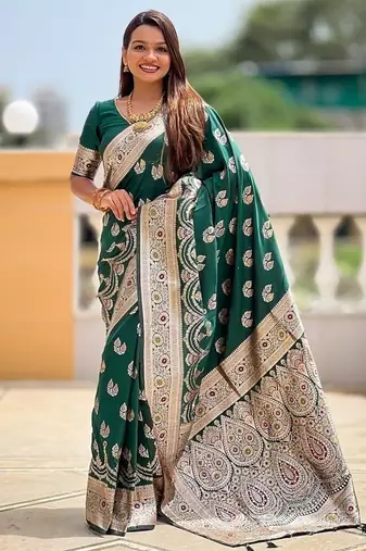 Green soft banarasi silk blend saree with meenakari zari weaving