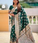 Green soft banarasi silk blend saree with meenakari zari weaving