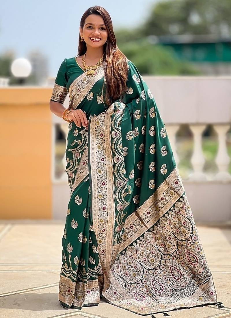 Green soft banarasi silk blend saree with meenakari zari weaving