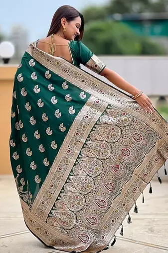Green soft banarasi silk blend saree with meenakari zari weaving