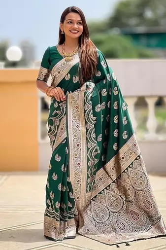 Green soft banarasi silk blend saree with meenakari zari weaving