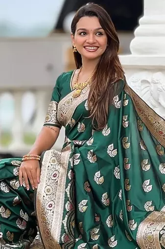 Green soft banarasi silk blend saree with meenakari zari weaving