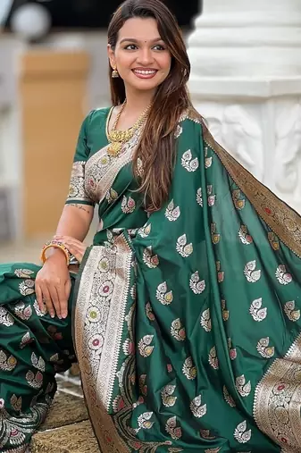 Green soft banarasi silk blend saree with meenakari zari weaving