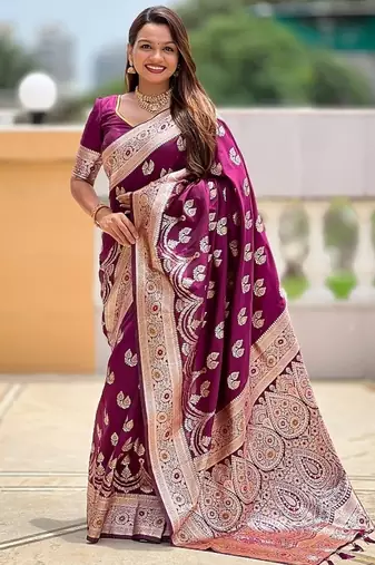 Wine soft banarasi silk blend saree with meenakari zari weaving