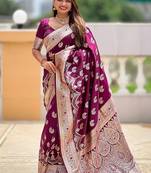 Wine soft banarasi silk blend saree with meenakari zari weaving