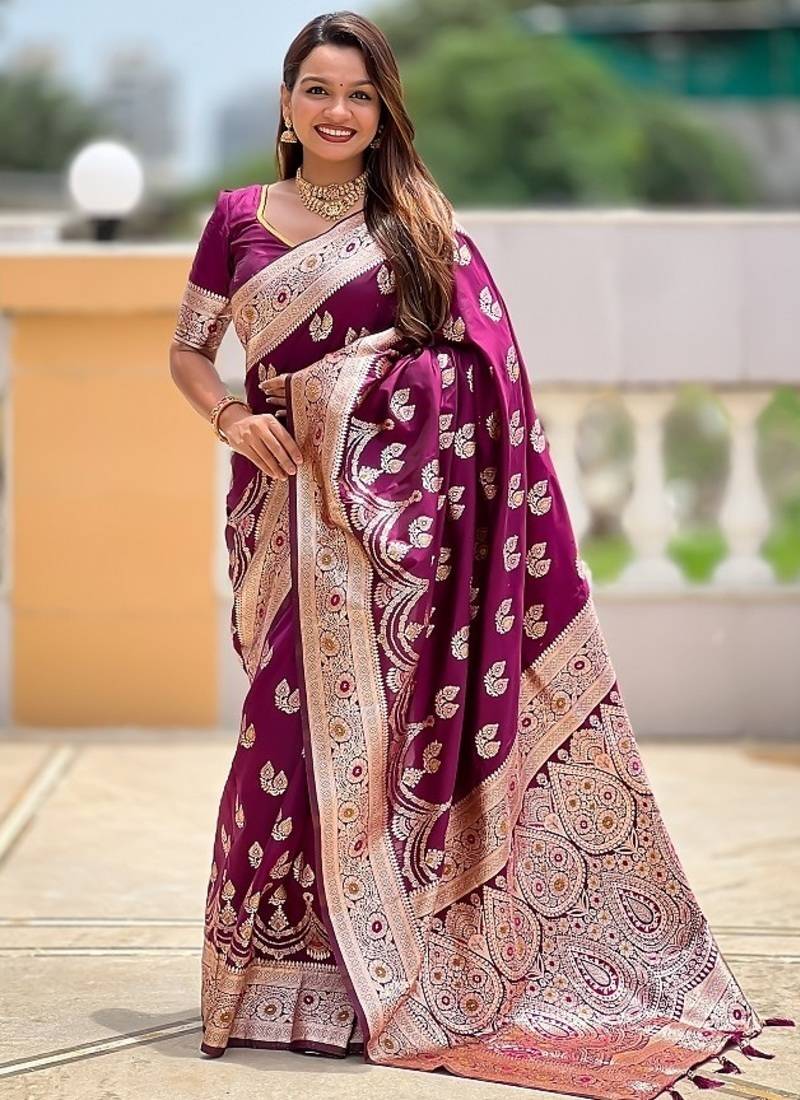 Wine soft banarasi silk blend saree with meenakari zari weaving